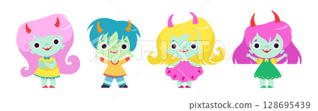 Tiny Troll Characters with Different Hair Color and Little Horns Vector Set 128695439
