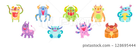Cute Monster Character as Toothy Mutant with Funny Friendly Face Vector Set 128695444