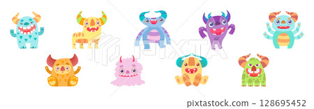 Cute Monster Character as Toothy Mutant with Funny Friendly Face Vector Set 128695452