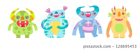 Cute Monster Character as Toothy Mutant with Funny Friendly Face Vector Set 128695453