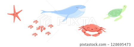 Funny Sea Animals and Ocean Swimming Creature Vector Set Funny Sea Animals and Ocean Swimming Creature Vector Set 128695473
