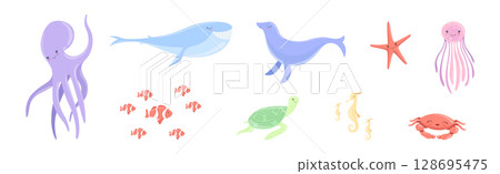 Funny Sea Animals and Ocean Swimming Creature Vector Set Funny Sea Animals and Ocean Swimming Creature Vector Set 128695475