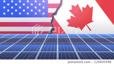 USA Canada trade war concept with solar panels foreground and split flags background in a dramatic scene banner design 128695496