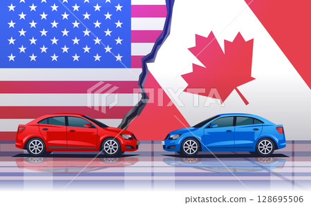USA Canada trade war concept with cars facing off against split flags background red and blue vehicles represent economic conflict automotive industry 128695506