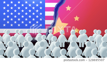 Trade war concept USA China flags torn background abstract crowd divided symbolic conflict graphic design template 128695507