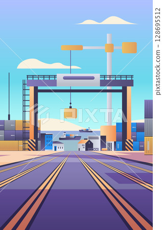 Shipping port with cranes and containers trade concept. Industrial scene with cargo ships containers and tracks under blue sky Shipping port with cranes and containers trade concept. Industrial scene with cargo ships containers and tracks under blue sky 128695512