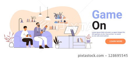 Family gaming living room home entertainment father and son playing video games on sofa with controllers cozy modern interior plants shelves 128695545