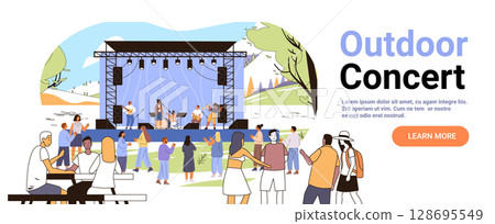 Outdoor concert music festival stage crowd people enjoying live band musicians social gathering summer park landscape flat design website banner template 128695549