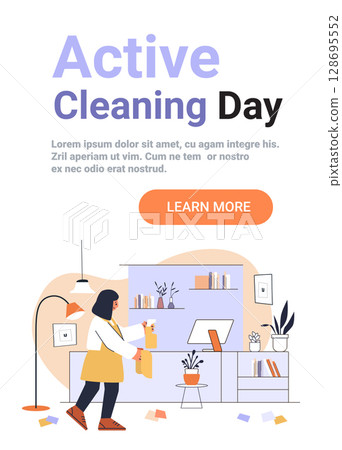 Woman cleaning living room modern home interior plants furniture computer spray bottle cozy domestic scene pastel colors website banner Woman cleaning living room modern home interior plants furniture computer spray bottle cozy domestic scene pastel colors website banner 128695552