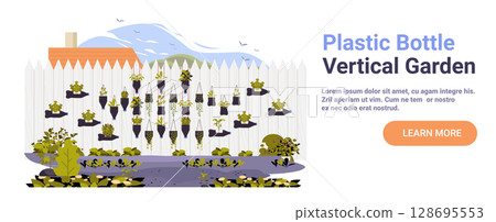 Plastic bottle vertical garden eco friendly recycling concept DIY planters hanging on white fence with green plants outdoor backyard landscape Plastic bottle vertical garden eco friendly recycling concept DIY planters hanging on white fence with green plants outdoor backyard landscape 128695553