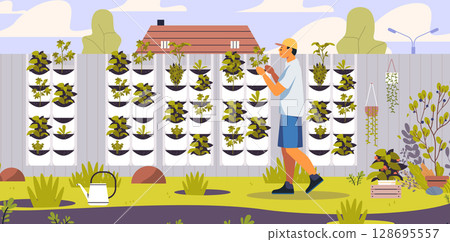 Vertical garden urban farming man tending plants backyard fence greenery watering can modern landscape outdoor home gardening concept 128695557
