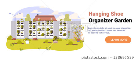 Hanging shoe organizer vertical garden backyard plants growing on fence with house trees and gardening tools outdoor landscape website banner 128695559