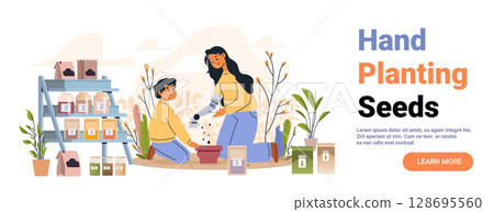 Hand planting seeds gardening concept woman with prosthetic arm and child sowing in pot surrounded by plants seed packets shelf flat website banner Hand planting seeds gardening concept woman with prosthetic arm and child sowing in pot surrounded by plants seed packets shelf flat website banner 128695560