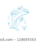 Dolphin handdrawn vector composition with flowers blue ink 128695563
