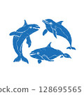 Vector hand drawn illustration of dolphins blue filling without stroke. Sketch detailed engraving style 128695565