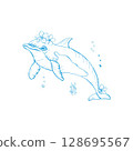 Dolphin handdrawn vector composition with flowers blue ink 128695567