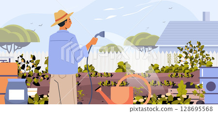 Man gardening backyard plants watering hose outdoor nature trees fence house blue sky landscape garden tools flat website banner Man gardening backyard plants watering hose outdoor nature trees fence house blue sky landscape garden tools flat website banner 128695568