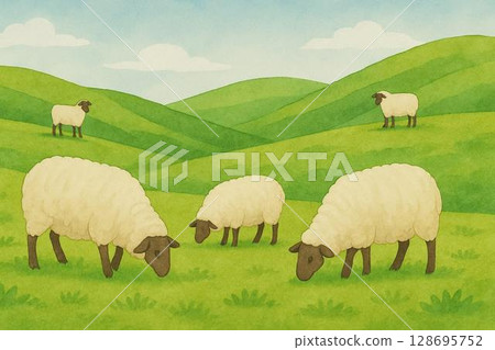 Peaceful hills and sheep Peaceful hills and sheep 128695752