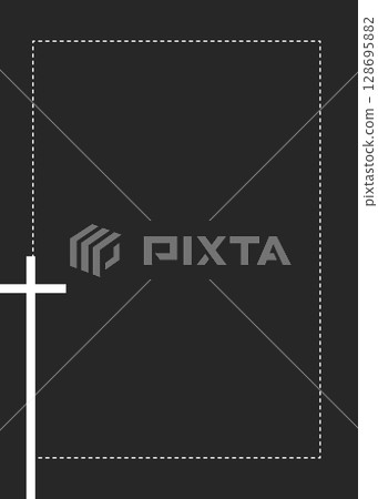 A dark gray background features a white dashed rectangular border and a bold white cross in the bottom left corner. This minimalist design is suitable for solemn or commemorative purposes. 128695882