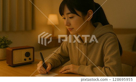 一位身穿連帽衫的女士坐在房間裡的桌邊聽收音機 128695955