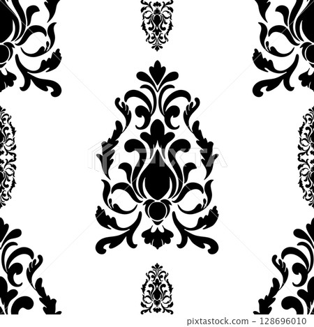 A seamless black and white damask pattern featuring elegant and ornate floral and leaf motifs. Ideal for sophisticated backgrounds, textiles, or decorative designs. A seamless black and white damask pattern featuring elegant and ornate floral and leaf motifs. Ideal for sophisticated backgrounds, textiles, or decorative designs. 128696010