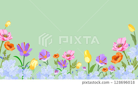 Vintage flower banner with colorful flowers including poppies,cosmos,crocuses,tulips along the bottom edge with light green background,copy space Ideal for greeting cards,invitations,spring-themed Vintage flower banner with colorful flowers including poppies,cosmos,crocuses,tulips along the bottom edge with light green background,copy space Ideal for greeting cards,invitations,spring-themed 128696018