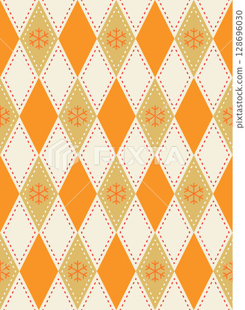 A seamless geometric pattern of orange and off-white diamonds, Argyle pattern with golden snowflake,red dotted lines. Festive and wintery design for textile, holiday,Christmas card,gift wrapping. 128696030