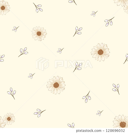 A seamless pattern of white daisies and small leaves on a soft beige background. The close-up shot emphasizes the delicate beauty and gentle vibe, suitable for textile, fashion, or feminine designs. 128696032