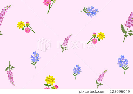 Cute floral seamless pattern illustration on a soft pink background. flowers are arranged in an orderly manner,a lovely and charming design. Ideal for backgrounds,fabric patterns, gift wrapping paper 128696049
