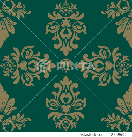 Vintage European Damask pattern golden ornamental motifs on a deep green background. elegant,symmetrical floral and baroque elements, ideal for wallpapers, upholstery,gift wrapping,classic branding. Vintage European Damask pattern golden ornamental motifs on a deep green background. elegant,symmetrical floral and baroque elements, ideal for wallpapers, upholstery,gift wrapping,classic branding. 128696061