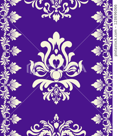 A luxurious European-style Damask pattern,intricate ivory floral and ornamental motifs on a royal purple background. elegant floral borders,ideal for wallpaper,textiles, luxury invitations 128696066