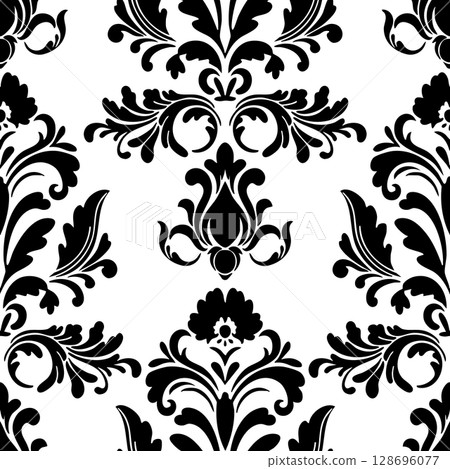 Seamless damask pattern wallpaper Baroque style. Elegant vector background. Black floral ornament. Graphic pattern for fabric,carpet,wallpaper,packaging. Ornate Damask flower ornament. Seamless damask pattern wallpaper Baroque style. Elegant vector background. Black floral ornament. Graphic pattern for fabric,carpet,wallpaper,packaging. Ornate Damask flower ornament. 128696077