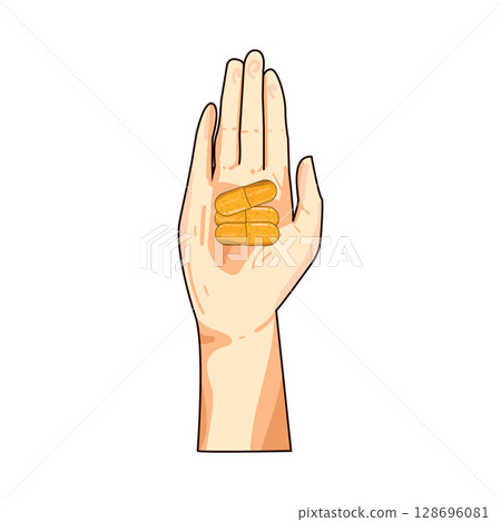 illustration of hand holding capsules illustration of hand holding capsules 128696081