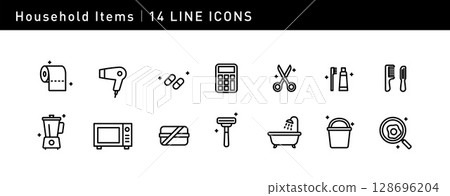 這套14個精緻icon展現日用品精髓，包括吹風機、微波爐、剃刀及牙刷，完美捕捉日常生活的便利與實用 128696204