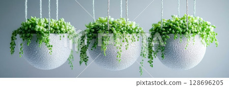 Curved row of lush green succulent plants in white pots, perfect for modern home or office decoration, adding a fresh natural look. 128696205