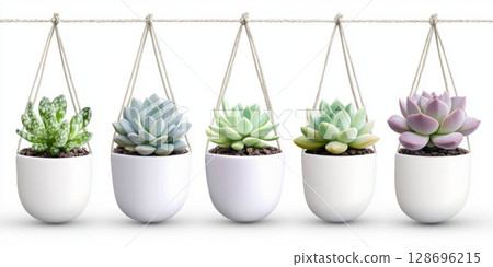 Set of glass terrariums with mixed succulents in macrame hangers, making eye-catching decor for boho chic or urban homes. 128696215