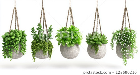 Mixed succulent arrangements in clay and ceramic pots, bringing a pop of greenery to any shelf, windowsill, or work desk. 128696216