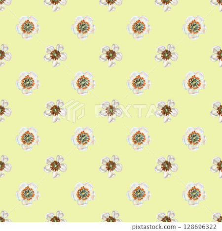 Seamless floral pattern with white flowers of kiwi on green background. Watercolor hand drawn design for juices, cocktails, jams, preserves, drinks, food, wallpapers, children's, kitchen textiles 128696322