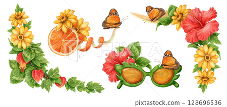 Summer design set of monarch butterfly and flower. Hand drawn watercolor fruit and sunglasses artwork for tropical holiday theme decoration. Bright vivid and cheerful seasonal card or print template. Summer design set of monarch butterfly and flower. Hand drawn watercolor fruit and sunglasses artwork for tropical holiday theme decoration. Bright vivid and cheerful seasonal card or print template. 128696536