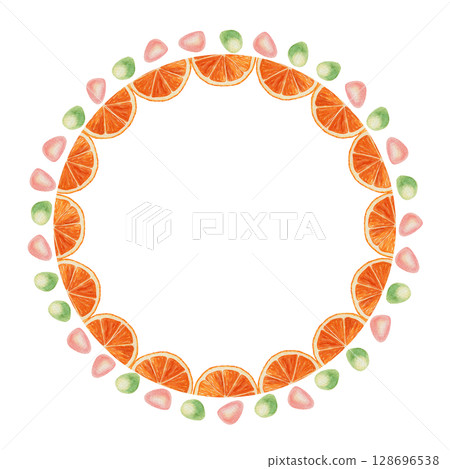 Watercolor round wreath with sea glass and orange slice. Hand drawn circle frame with tropical summer fruit and beach elements. Perfect for holiday card template or ocean inspired design use. Watercolor round wreath with sea glass and orange slice. Hand drawn circle frame with tropical summer fruit and beach elements. Perfect for holiday card template or ocean inspired design use. 128696538