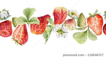 Strawberry ripe garden berries, flowers in water dew drops. Seamless isolated banner garland hand drawn in watercolor. Home preserves, textile washi tape, food store decor, recipe book, dessert menu 128696557