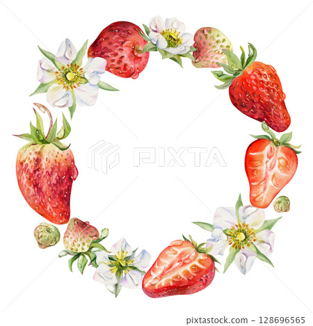 Strawberry berries full and cut in half, flowers leaves wreath, water splash, dew drops. Ripe garden pineberry strasberry. Isolated hand drawn watercolor circle frame. Food grocery menu, preserves Strawberry berries full and cut in half, flowers leaves wreath, water splash, dew drops. Ripe garden pineberry strasberry. Isolated hand drawn watercolor circle frame. Food grocery menu, preserves 128696565