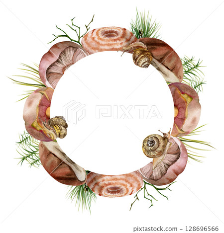 Bolete cep russula suillus mushroom fungi with horsetail plant stalks, twigs grass blades undergrowth. Copy space wreath frame hand drawn in watercolor. Menu list accents, home preserves labels tags Bolete cep russula suillus mushroom fungi with horsetail plant stalks, twigs grass blades undergrowth. Copy space wreath frame hand drawn in watercolor. Menu list accents, home preserves labels tags 128696566