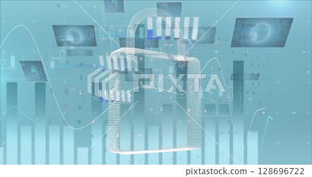 Image of online security padlock, statistics and financial data processing over city 128696722