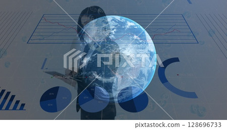 Image of statistics and data processing and caucasian businesswoman over globe 128696733
