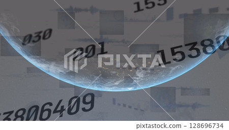 Image of statistics and data processing with numbers over globe 128696734