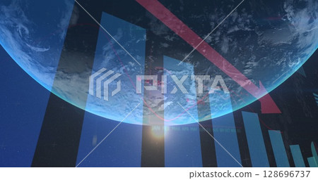Image of statistics and data processing with red arrow over globe Image of statistics and data processing with red arrow over globe 128696737