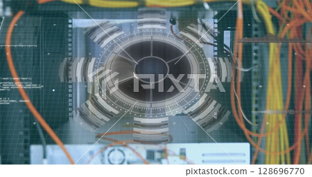 Image of scan scoping over caucasian female server room worker 128696770