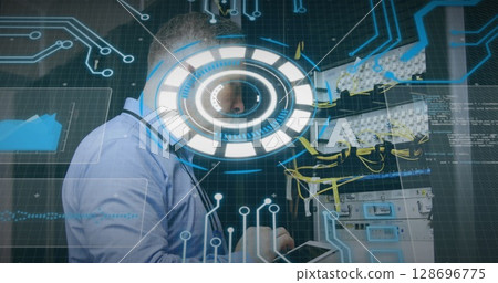 Image of scope scanning and data processing over man using tablet in warehouse 128696775