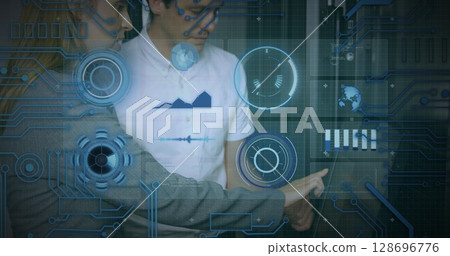 Image of scopes scanning, data processing over caucasian it man and woman fixing computer server 128696776